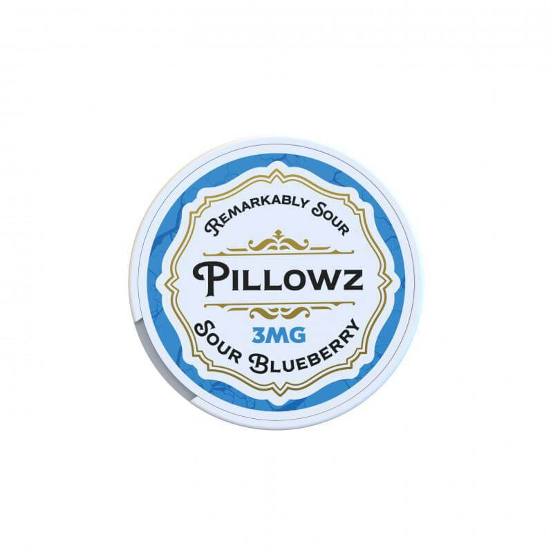 Pillowz nicotine pouch can featuring Remarkably Sour Sour Blueberry flavor, 3mg strength.