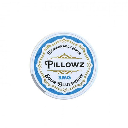Pillowz nicotine pouch can featuring Remarkably Sour Sour Blueberry flavor, 3mg strength.
