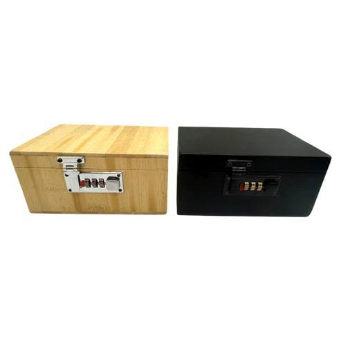 SmokeZilla Locking Treasure Box in bamboo and black finishes, featuring a secure combination lock and stylish design.