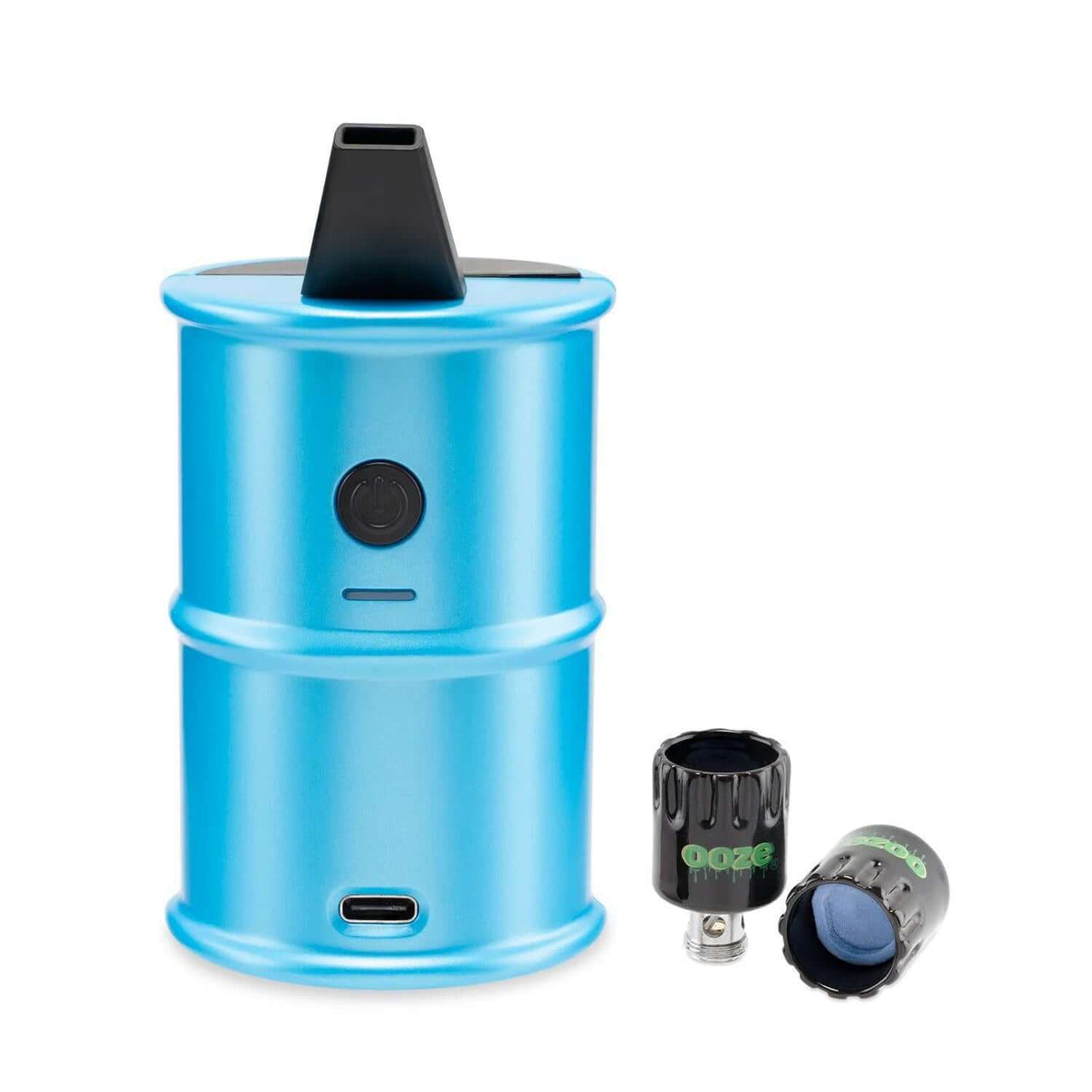Ooze Electro Barrel Mini Electric Dab Rig in blue with C-Core Onyx Atomizer, portable and powerful for convenient dabbing.