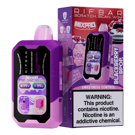 RIFBAR MIXPRO Disposable Vape in Blackberry Bpop flavor with 40,000 puffs, featuring sweetness control and warning about nicotine.