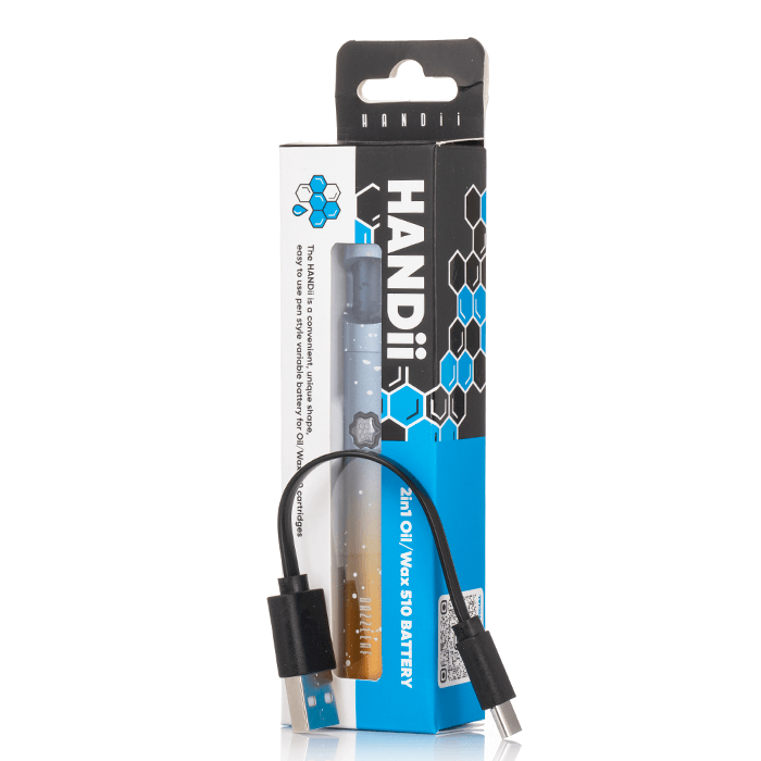 Dazzleaf HANDii VV 510 Thread Battery with magnetic top cap, featuring adjustable voltage levels and portable design.