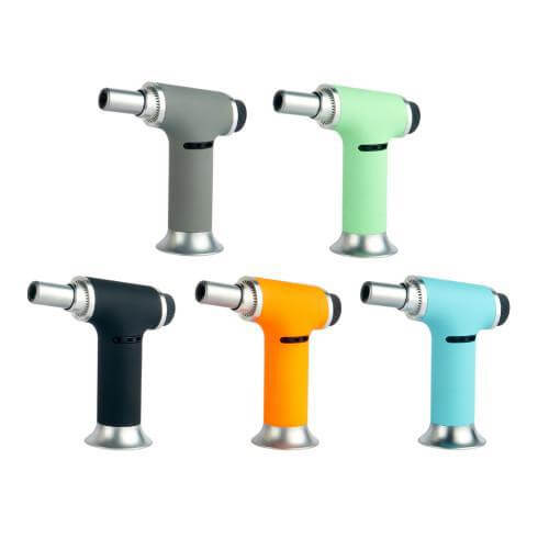 Maven Turbo Butane Torch in five colors: gray, green, orange, black, and blue, showcasing precision lighting tools.