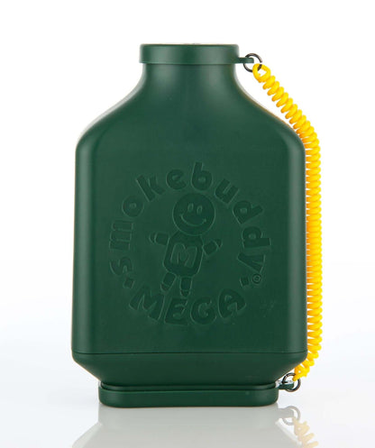 Smokebuddy MEGA personal air filter in green with yellow keychain, designed for heavy users and optimal portability.