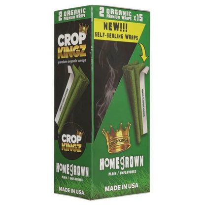 Crop Kingz Homegrown Organic Hemp Wraps box with self-sealing features, 2 wraps per pack, made in USA.