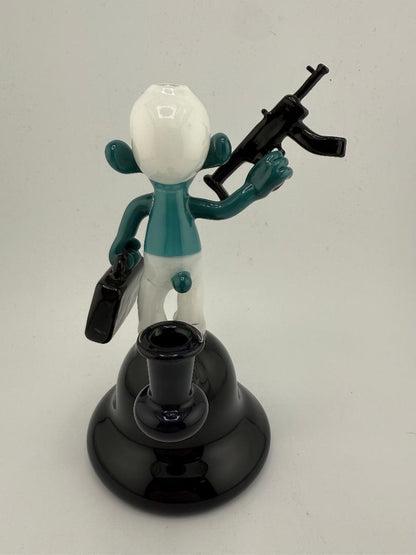 McDoogle Glass Blue Character Rig w/ Briefcase & Machine Gun – 10mm 90° | Whimsical Heady Glass with an Edge