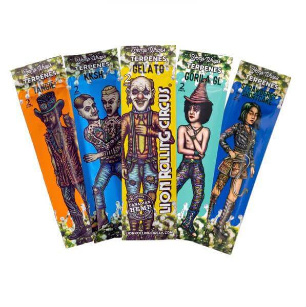 Lion Rolling Circus Hemp Wraps featuring terpene flavors: Tangie, Kush, Gelato, Gorilla GL, in vibrant packaging.