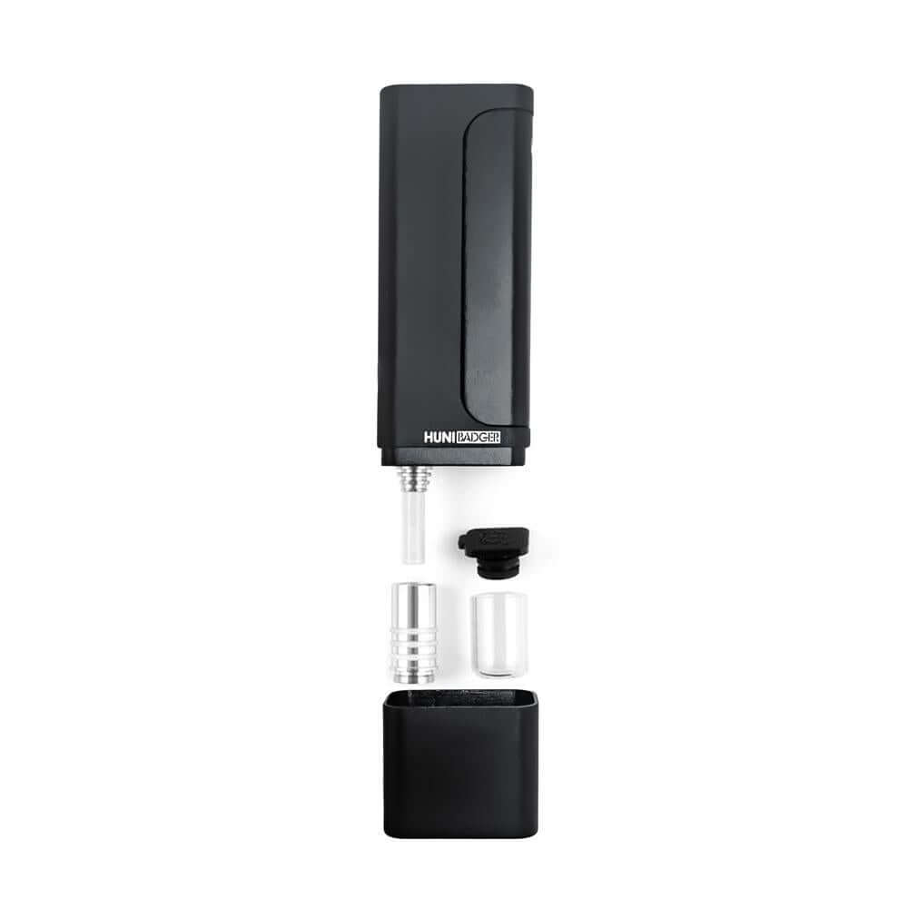 Huni Badger Portable Device Pro disassembled parts on a white background, showcasing its compact design and features.