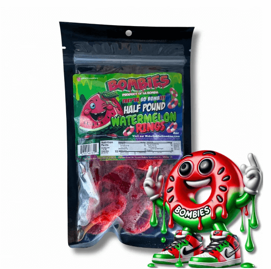 Bombies Watermelon Rings gummy candy pack featuring vibrant packaging and bold flavors, ideal for sweet and tangy lovers.