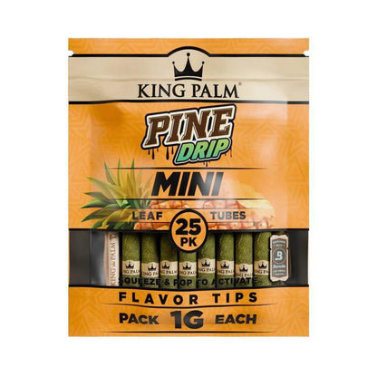 King Palm Pine Drip Mini Rolls pack with 25 hemp tubes, featuring flavorful tips for an enhanced smoking experience.