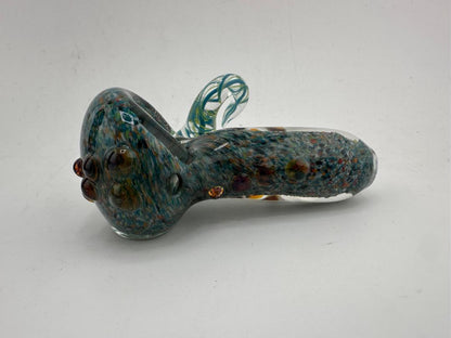 Paulson Pieces Small Glass Hand Pipe – Blue Multicolor Frit with Yellow & Blue Swirl Horn