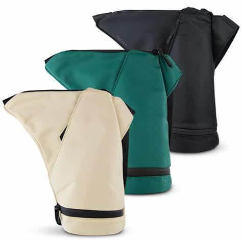 Puffco Journey Bags in three colors: black, green, and beige, showcasing durable design and zippered pockets.