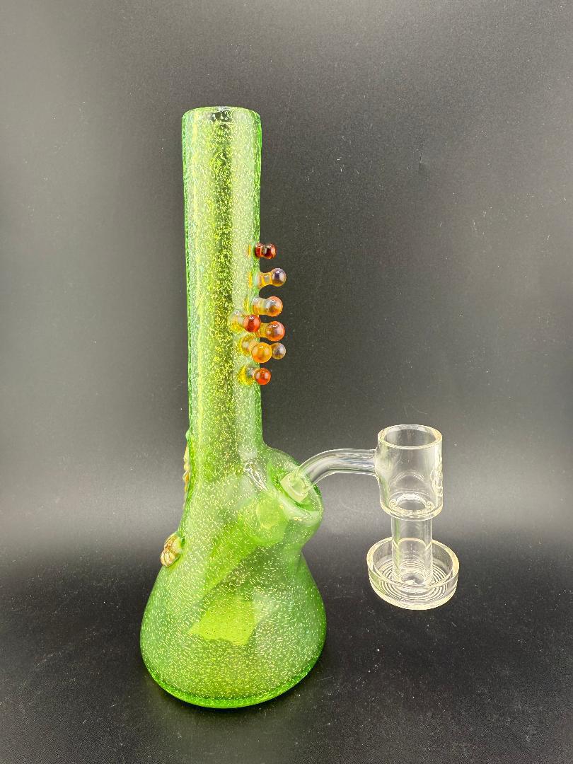 Green glitter glass mini tube with colorful bead accents and a glass joint.