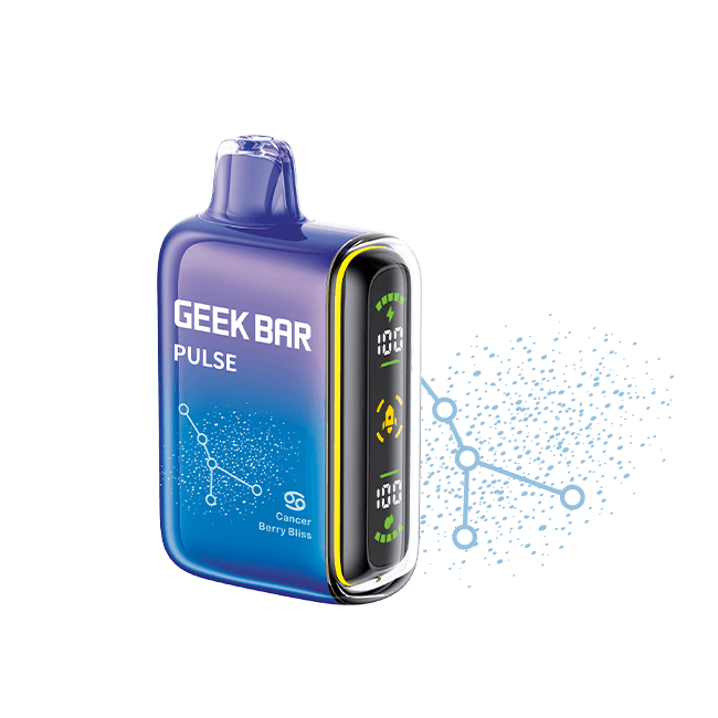 Geek Bar Pulse Zodiac Edition vape with Cancer design and Berry Bliss flavor, showcasing vibrant colors and digital display.