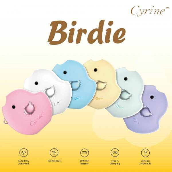 Cyrine Birdie 510 Battery in six colors, showcasing sleek design and charging features for enhanced vaping.