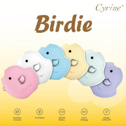 Cyrine Birdie 510 Battery in six colors, showcasing sleek design and charging features for enhanced vaping.