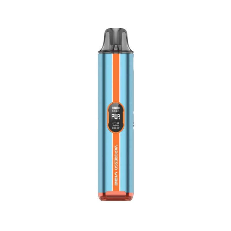 Vaporesso Vibe Pod Kit in blue and orange, featuring the PUR display and sleek design for enhanced vaping experience.