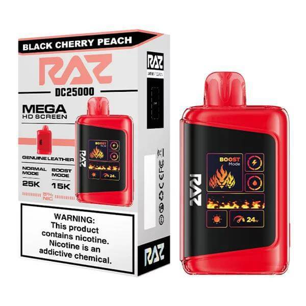 Raz 25 Disposable Nicotine Vape in Black Cherry Peach flavor with Mega HD screen and boost mode.