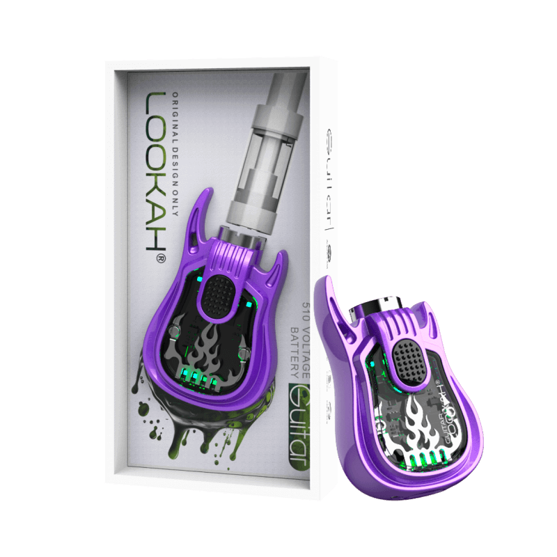 Lookah Guitar 510 battery in purple box, featuring a unique guitar design and high-performance vaping features.