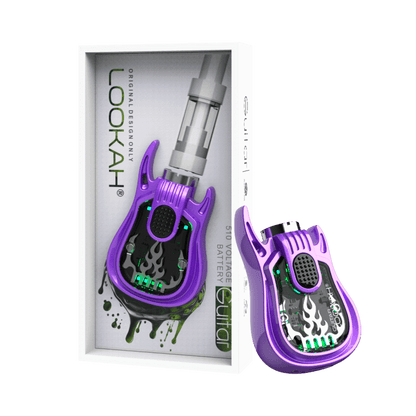 Lookah Guitar 510 battery in purple box, featuring a unique guitar design and high-performance vaping features.