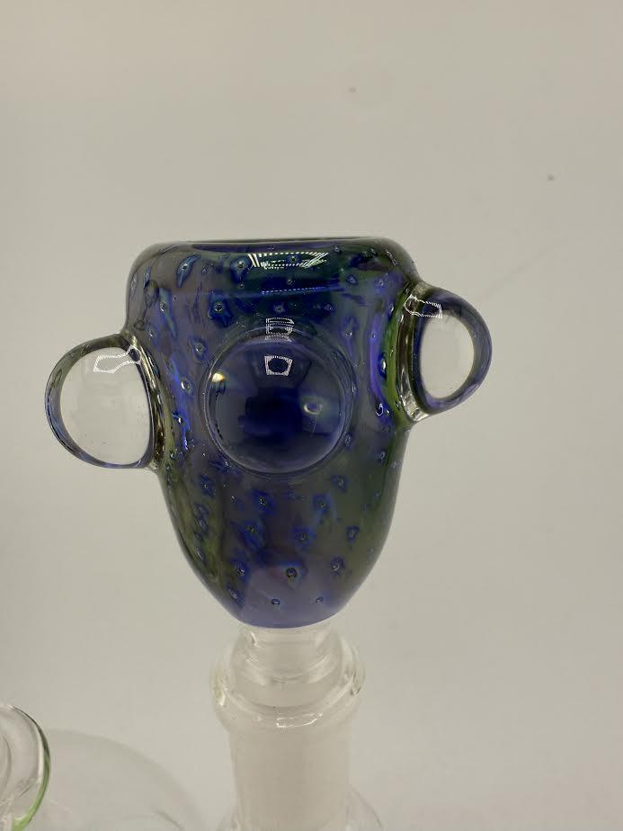 Close-up of Crondo Glass blue fumed bubble trap bowl piece with two handles and intricate design.