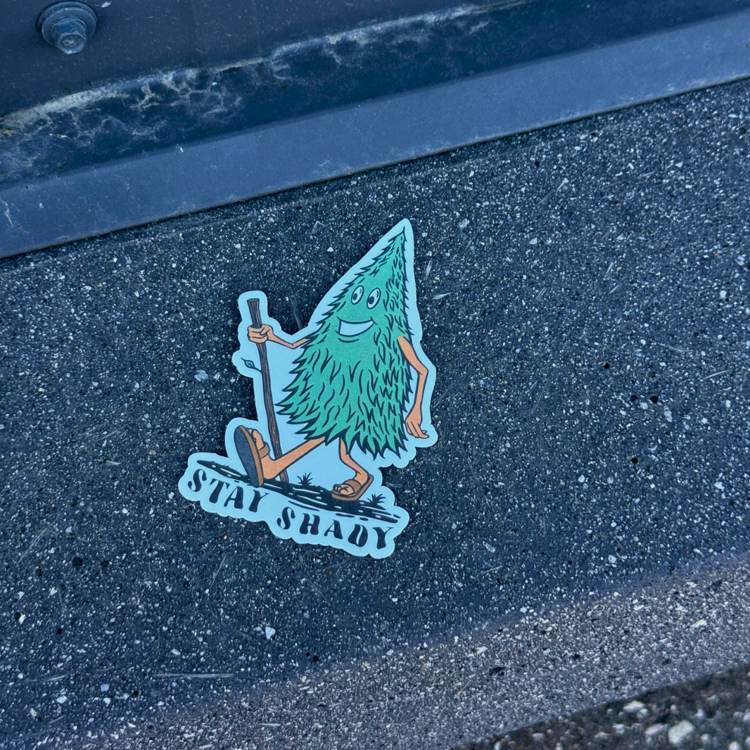 BBB Sticker | Stay Shady, featuring a cartoon character of a green tree with a walking stick.