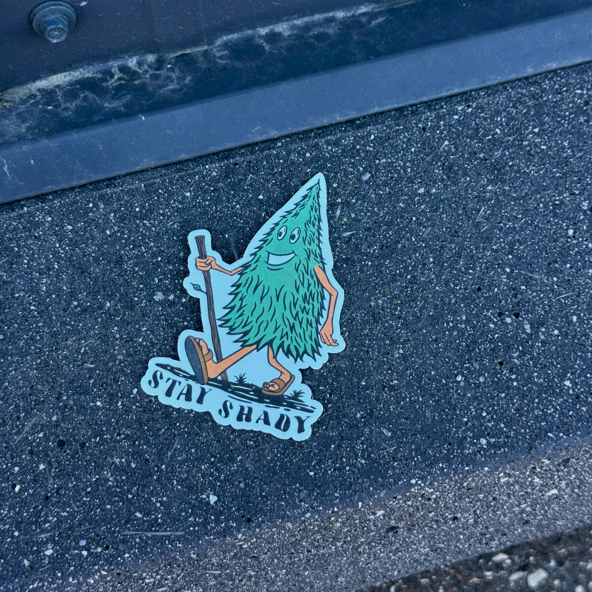 BBB Sticker | Stay Shady, featuring a cartoon character of a green tree with a walking stick.