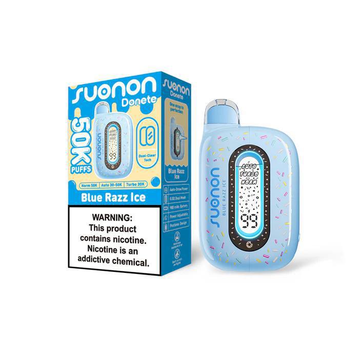Suonon Donete 50k Disposable Vape in Blue Razz Ice flavor with 50,000 puffs, featuring modern design and warning label.