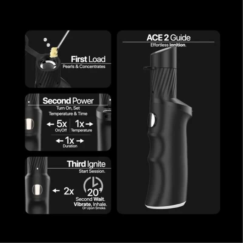 Yocan Black Phaser ACE 2 vaporizer usage guide showing loading, power settings, and session start instructions.