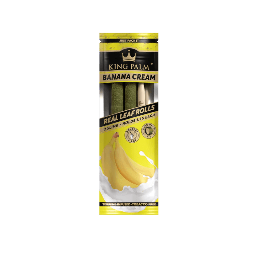 King Palm Banana Cream Real Leaf Rolls pack with two slim, 1.5g tobacco-free rolls for a flavorful smoking experience.