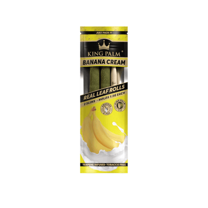 King Palm Banana Cream Real Leaf Rolls pack with two slim, 1.5g tobacco-free rolls for a flavorful smoking experience.