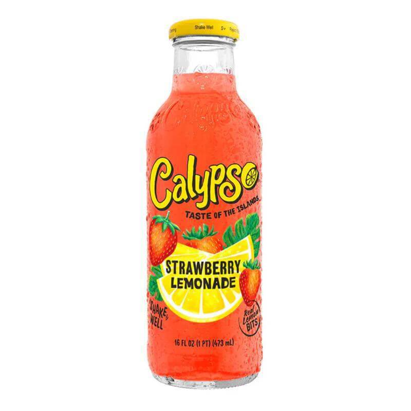 Calypso Strawberry Lemonade 16oz bottle featuring vibrant colors and refreshing fruit flavor.