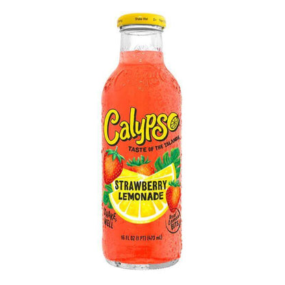 Calypso Strawberry Lemonade 16oz bottle featuring vibrant colors and refreshing fruit flavor.