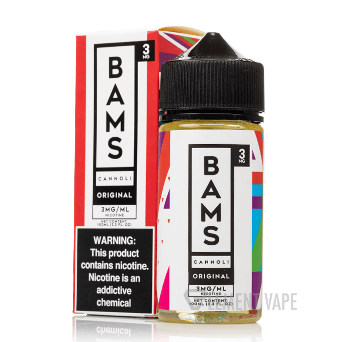 Bams Cannoli 100ml e-liquid bottle with colorful packaging, featuring a nicotine warning, perfect for dessert vape enthusiasts.