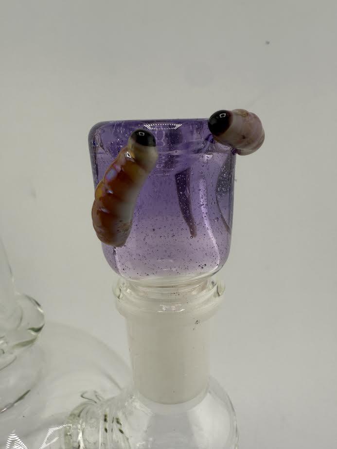 14mm glass bowl piece by Lamp Dancer featuring realistic maggot sculptures and purple accents, perfect for unique smoking experience.