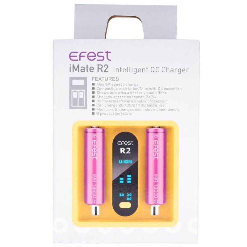 Efest iMate R2 Intelligent QC Charger packaging featuring dual bay charger with battery slots and display.