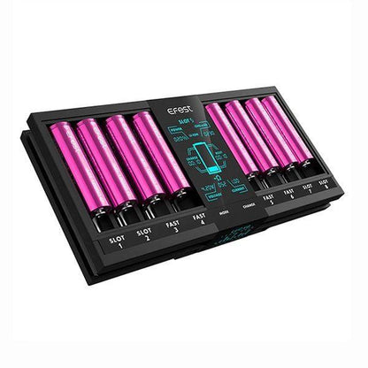 Efest LUC V8 Double LCD Fast Charger with eight slots and dual LCD screens for high-speed battery charging.