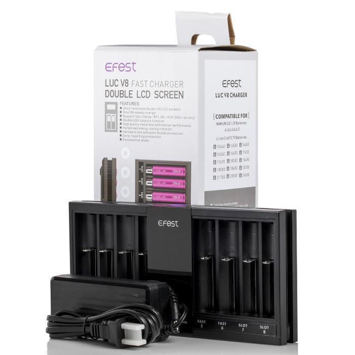 Efest LUC V8 Double LCD Fast Charger with 8 slots and power adapter for fast charging.