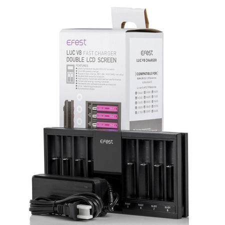Efest LUC V8 Double LCD Fast Charger with 8 slots and power adapter for fast charging.