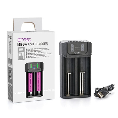 EFEST Mega USB Charger with dual battery slots, LED indicator, and USB cable, ideal for Li-ion and NiMH batteries.