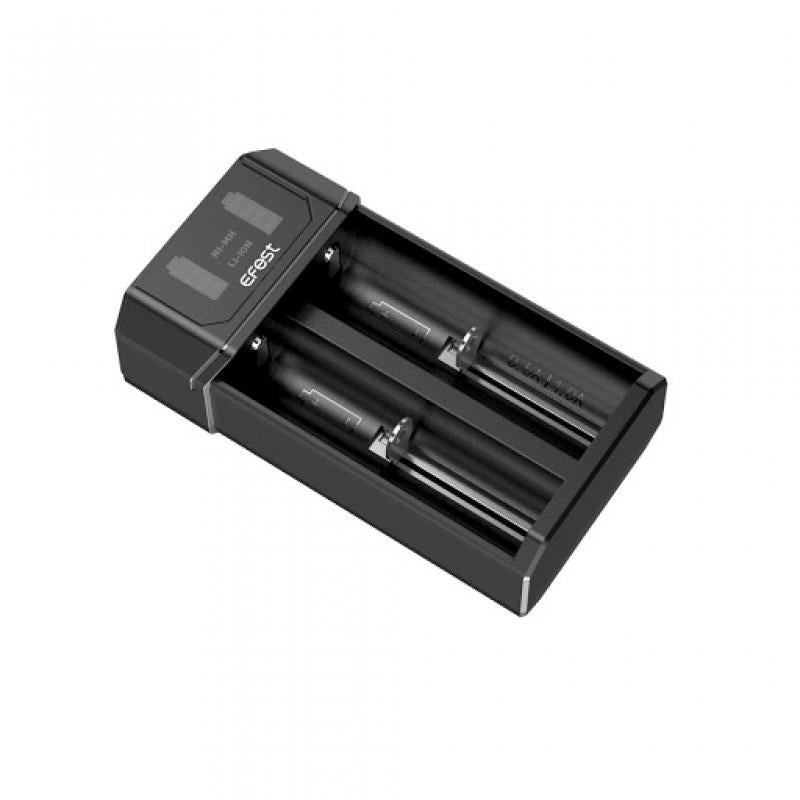 EFEST Mega USB Charger displaying two rechargeable batteries in a sleek black design.