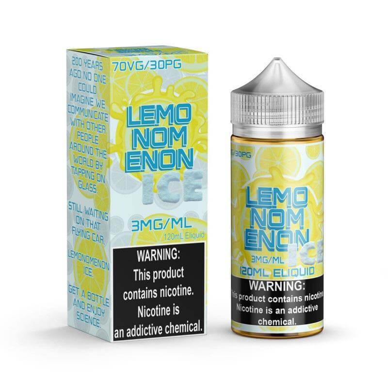 Noms Ice 120ml e-juice bottle with lemon flavor and warning label, perfect for refreshing vaping.