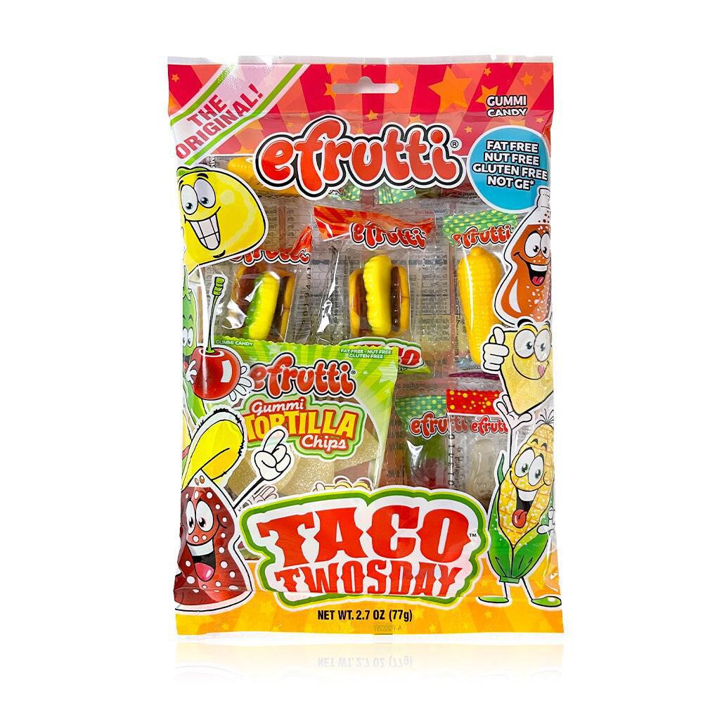 eFrutti Taco Tuesday Gummy Candy pack featuring fun gummy taco treats and mini corn candies.