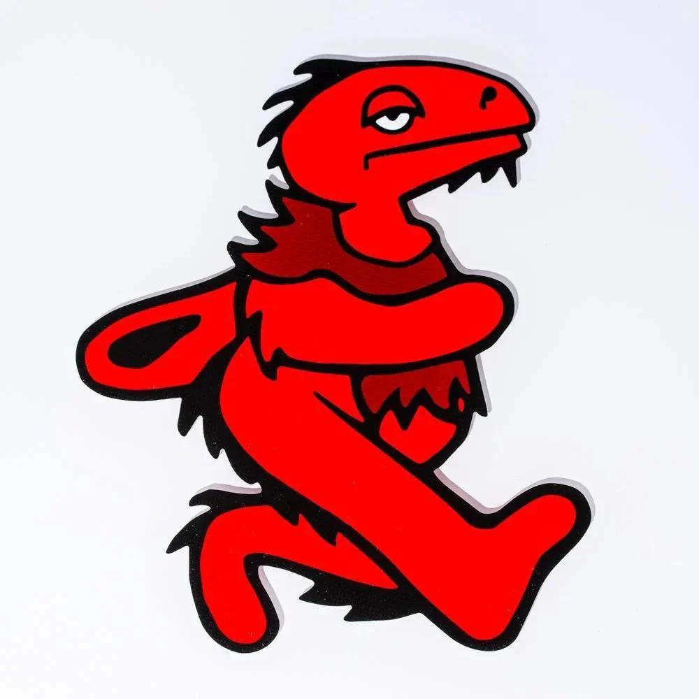 Elbo Glass Sticky Mat - Red Dancing Dino featuring a playful red dinosaur design on a white background.