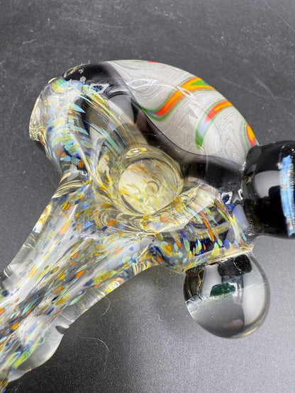 Elbow Tim Glass Hand Pipe - Fumed w/ Rainbow Wig wag Cap, Accents , & Marble Attachments close-up showing colorful details.
