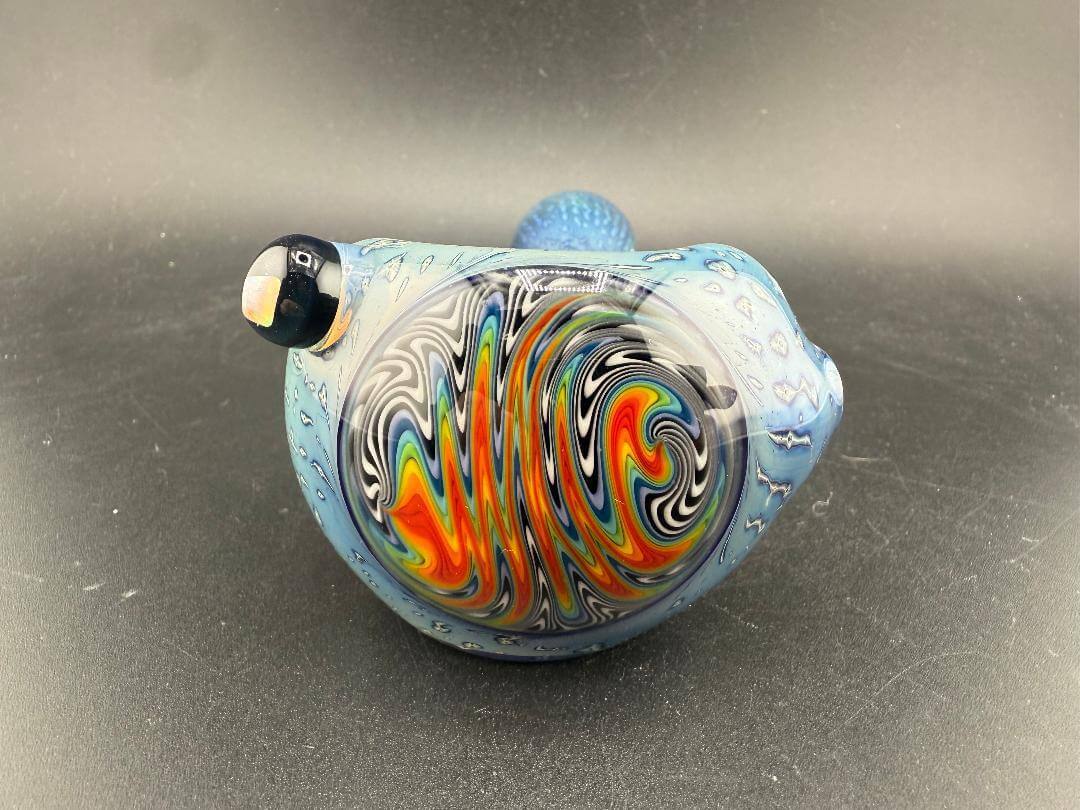 Elbow Tim Glass Hand Pipe -Space Tech w/ Rainbow Wig Wag Cap featuring vibrant swirling colors and ergonomic design.