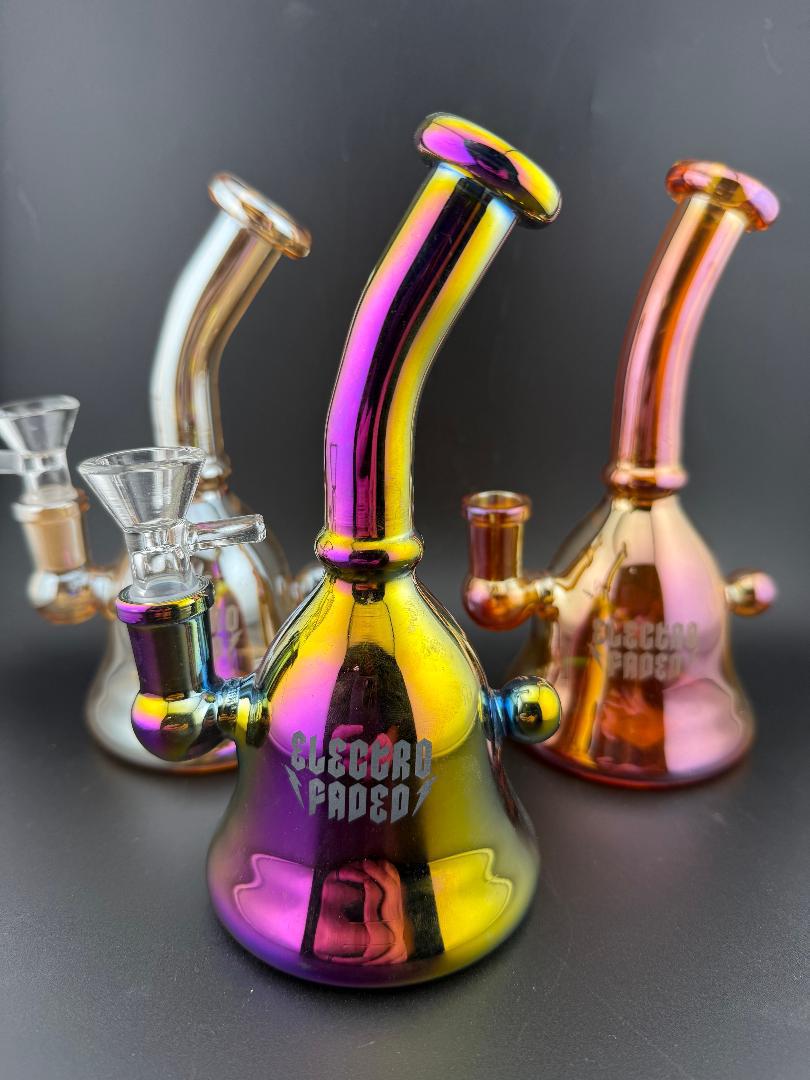 Electro Faded 5.5" Banger Hanger 14mm 90° in vibrant Oil Spill, Tan Chrome, and Orange Chrome color options