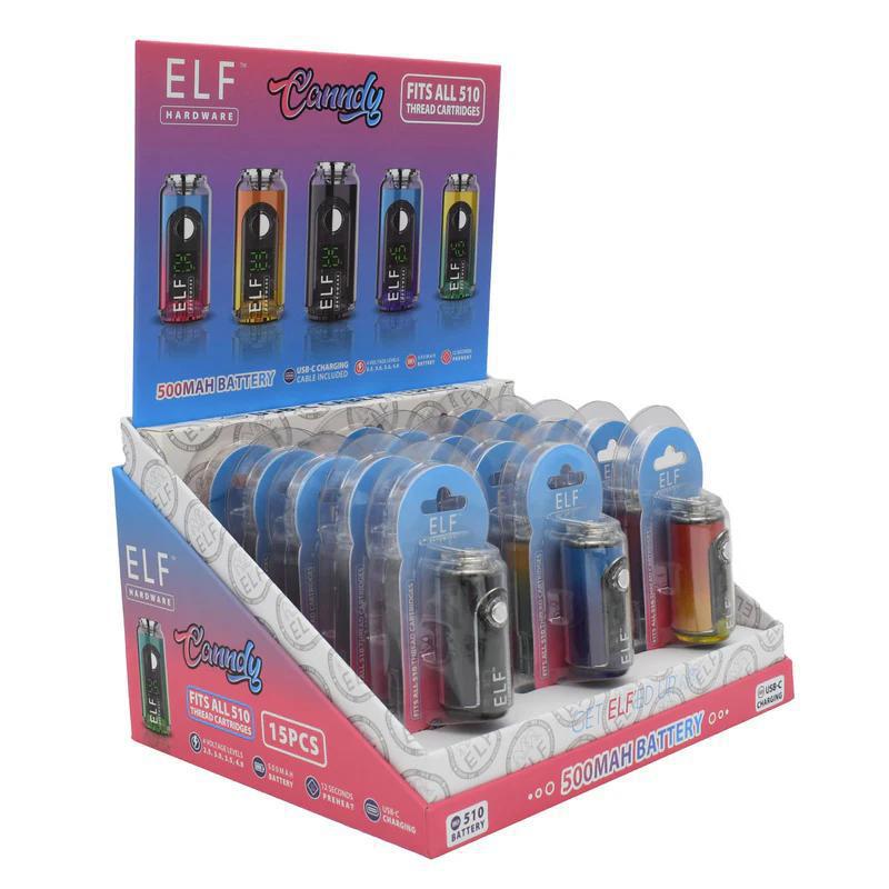 Elf Canndy 510 Battery - Red / Yellow display of compact batteries for vaping on retail stand.