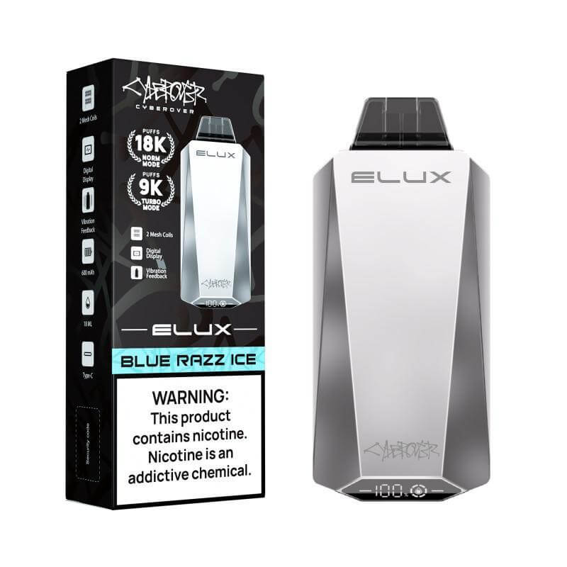 Elux CYBEROVER 18K Disposable Vape, Blue Razz Ice flavor with warning about nicotine content.
