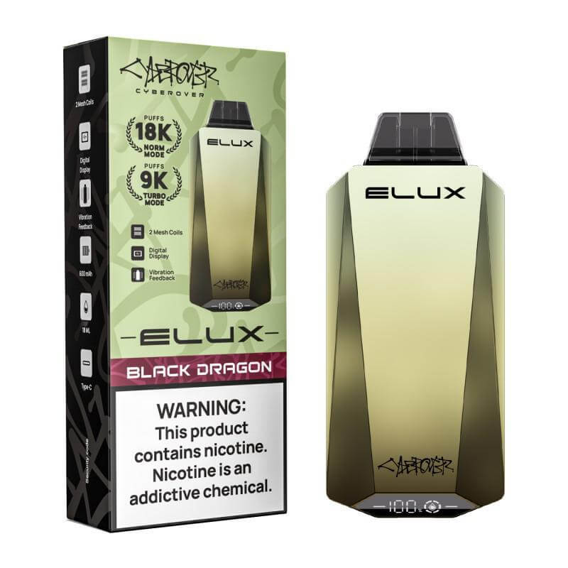 Elux CYBEROVER 18K Disposable 5% in Black Dragon flavor with packaging showing nicotine warning.